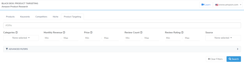 Product Targeting tab Product Targeting tab