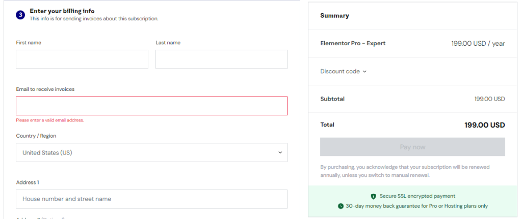 Elementor Pro Billing Details