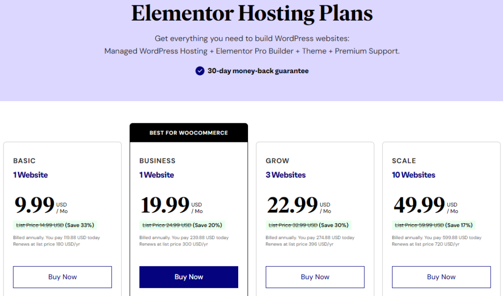 Elementor Hosting Pricing Plan