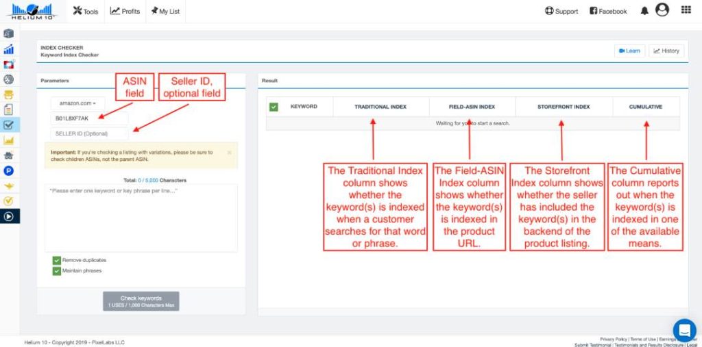 Use the Helium 10 Index Checker